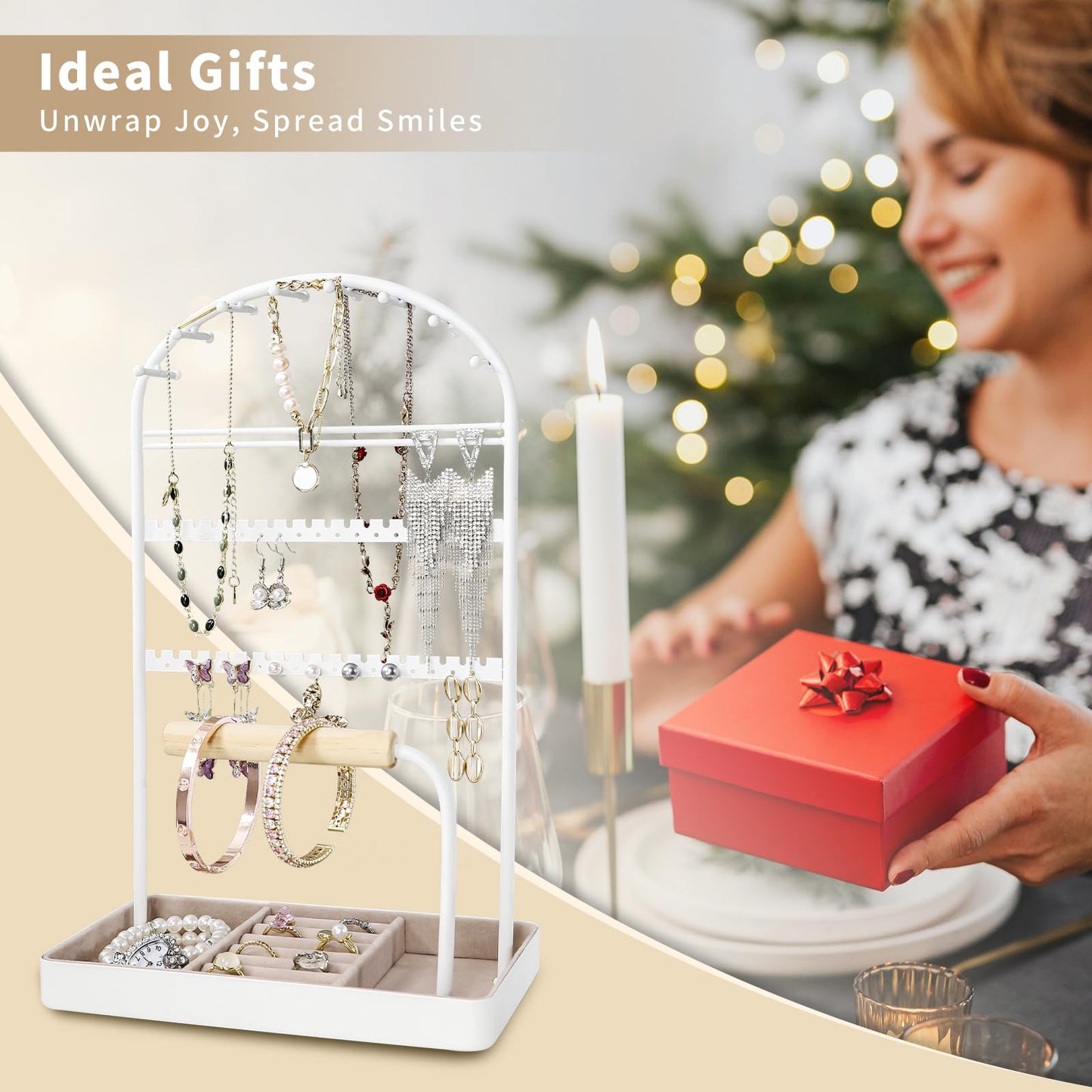 Saydear Multi-Functional Jewelry Holder Organizer Necklace Display Stand Velvet Lined Bar for Rings 2 Tier with 18 Hooks, 32 Earring Holes - Sturdy and Durable, Easy Organization White