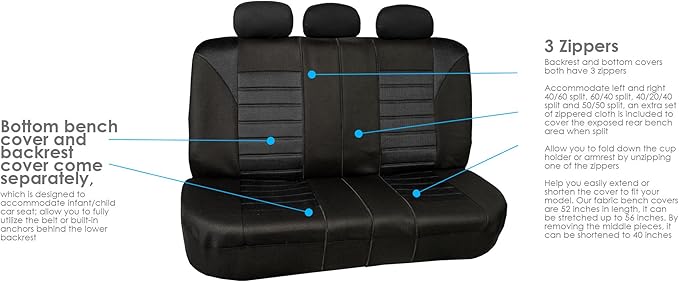 FH Group Automotive Car Seat Covers Full Set Premium 3D Air Mesh Front Seat Covers, Airbag Compatible & Split Bench Cover Universal Fit Interior Accessories for Cars Trucks and SUVs - Black
