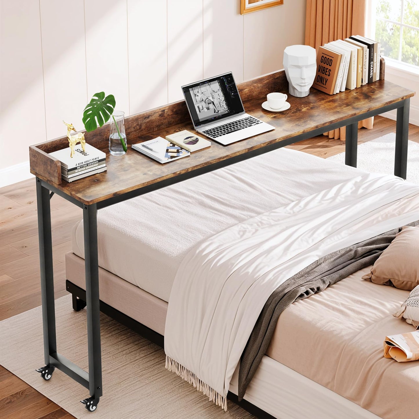 Arlopu Overbed Table with 360° Wheels, Queen Size Mobile Bed Desk with Heavy Duty Metal Leg, Sturdy Laptop Cart & Dining Table for Bedroom, Living Room, Hospital Use (Brown)