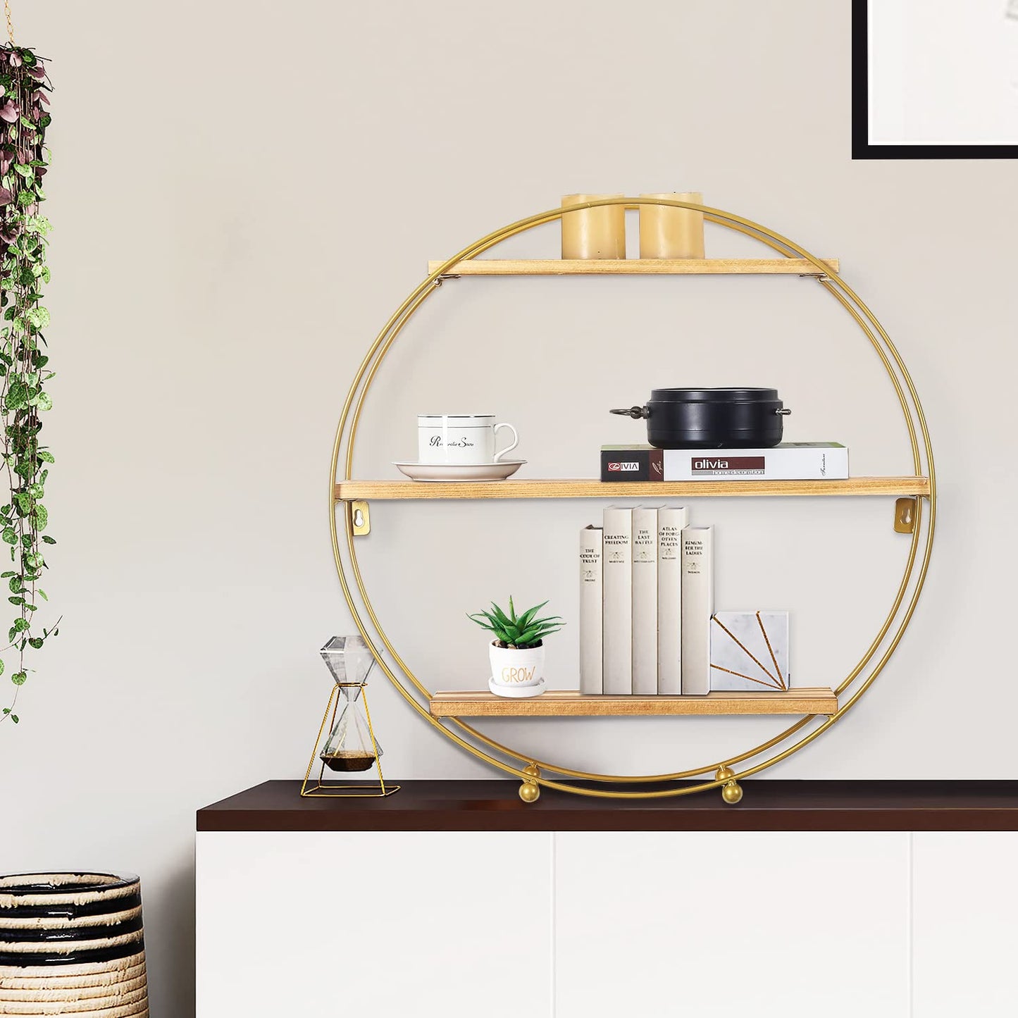 Joveco Round Wall Shelf Gold, 3 Tier Metal & Wood Circle Shelf Set, Round Shelves Wall Decor for Living Room,Bedroom,Bathroom (Gold)
