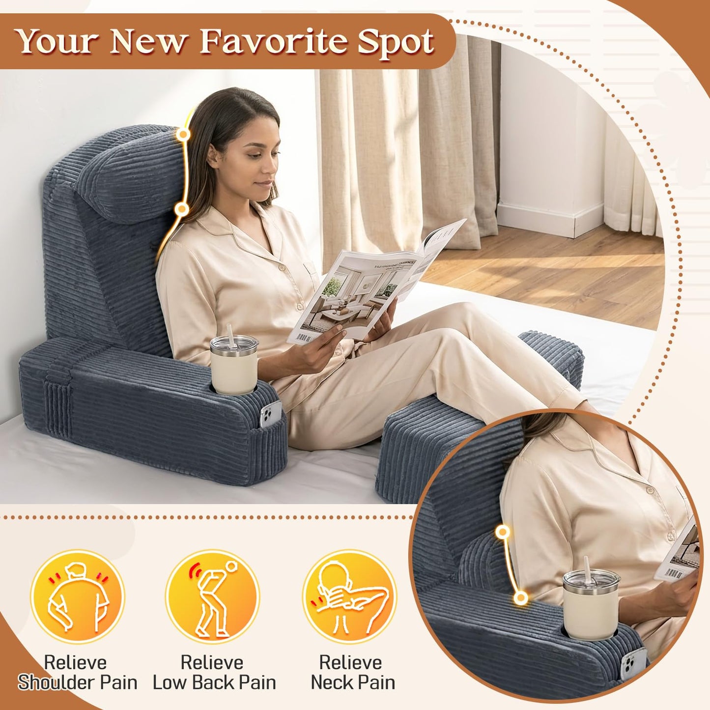 AMCATON Reading Pillow/Backrest Pillow with Arms, Cup Holder & Phone Pocket - Bed Rest Pillow with Adjustable Headrest, Corduroy Fabric for Back Support in Bed/Sofa/Floor (Gray, 21 INCH)