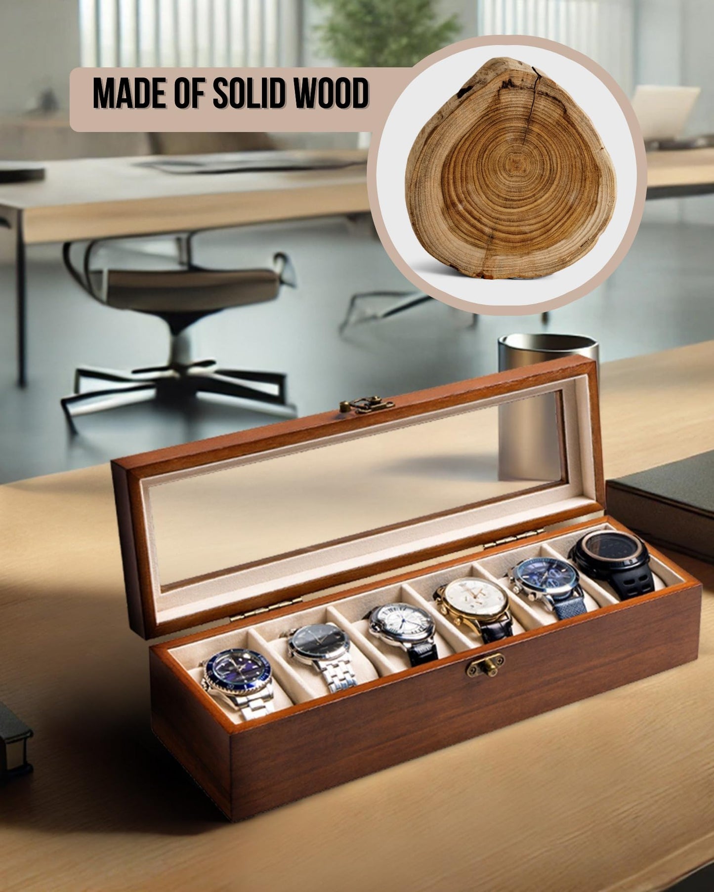 Exper City Watch Box, Watch Case for Men Women with Large Glass Lid, Wooden Watch Display Storage Box with 6 - Slots, Classic Walnut Mens Watch Box Organizer