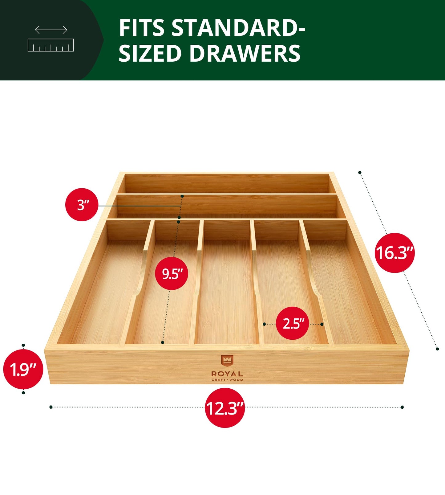 ROYAL CRAFT WOOD Luxury Bamboo Utensil Rack and Silverware Organizer, Kitchen Drawer Organizer - Utensil Holder and Cutlery Tray with Grooved Drawer Dividers for Flatware 7 Slot, Natural