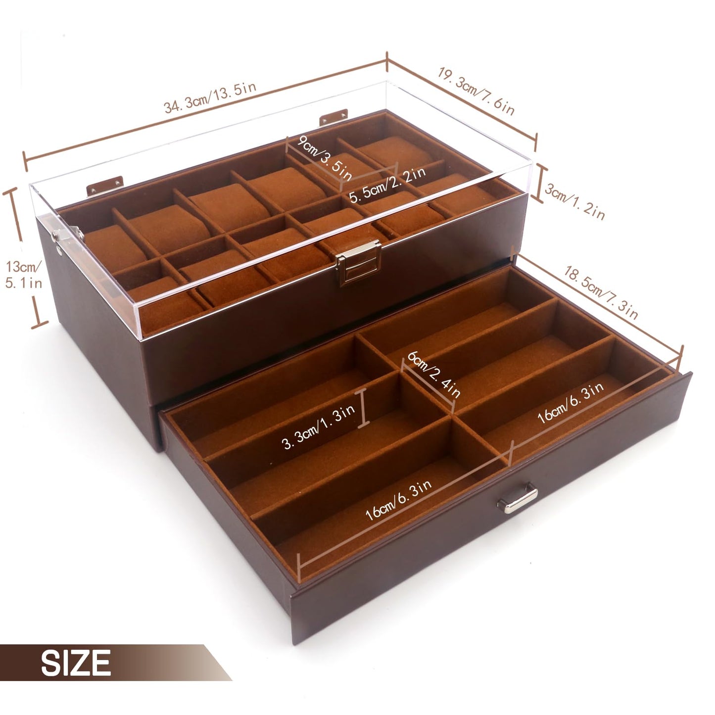 KLOUD City 12-Slot Watch Box with Lockable Drawer Acrylic Display Lid | Velvet Organizer for Luxury Watches, Jewelry & Eyewear (brown-W3002)