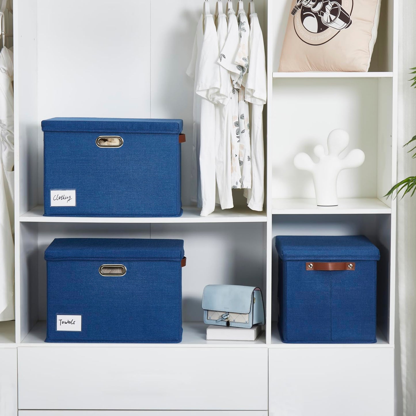 Roobyl 15" Large Collapsible Storage Bins with Lids, Stackable Closet Organizers with PU Handle and Labels, 3-Pack Decorative Fabric Storage Boxes for Home, Bedroom, Closet, Office, Nursery(Navy)
