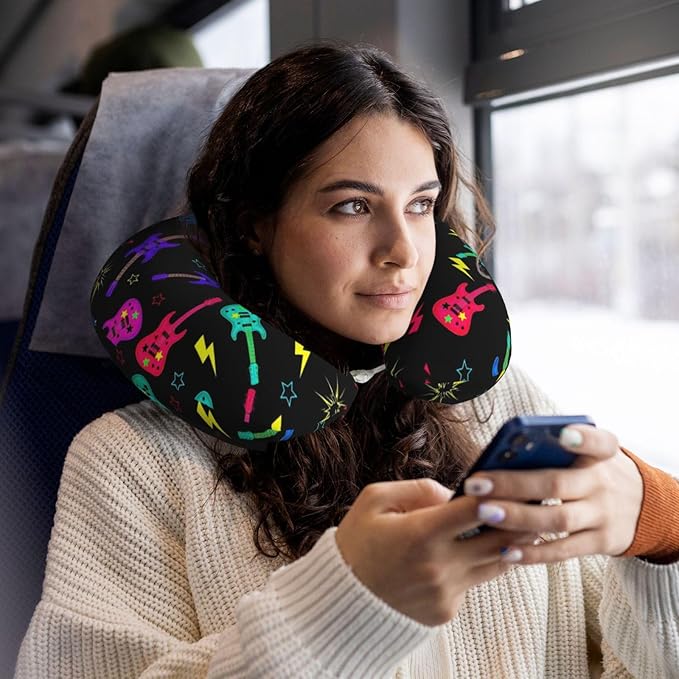 Breathable Neck Pillow for Sleeping Rest Nap Trippy Neon Electric Guitars, Airplanes/Car/Home Memory Foam Travel Cushion with Polyester Cover Washable for Women Men