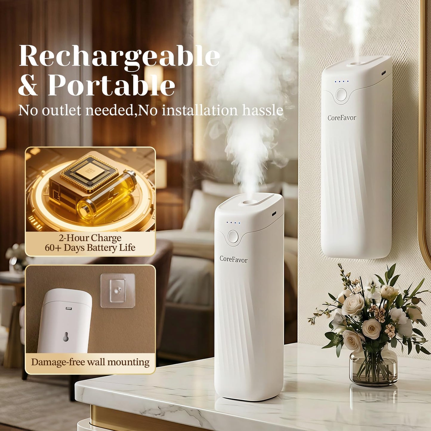 CoreFavor Waterless Essential Oil Diffuser (M60) with 3x120ml Oil, Rechargeable Portable Battery-Operated Cold Air Aroma Scent Machine, 4 Adjustable Intensity Levels, Quiet Diffuser for Home Car