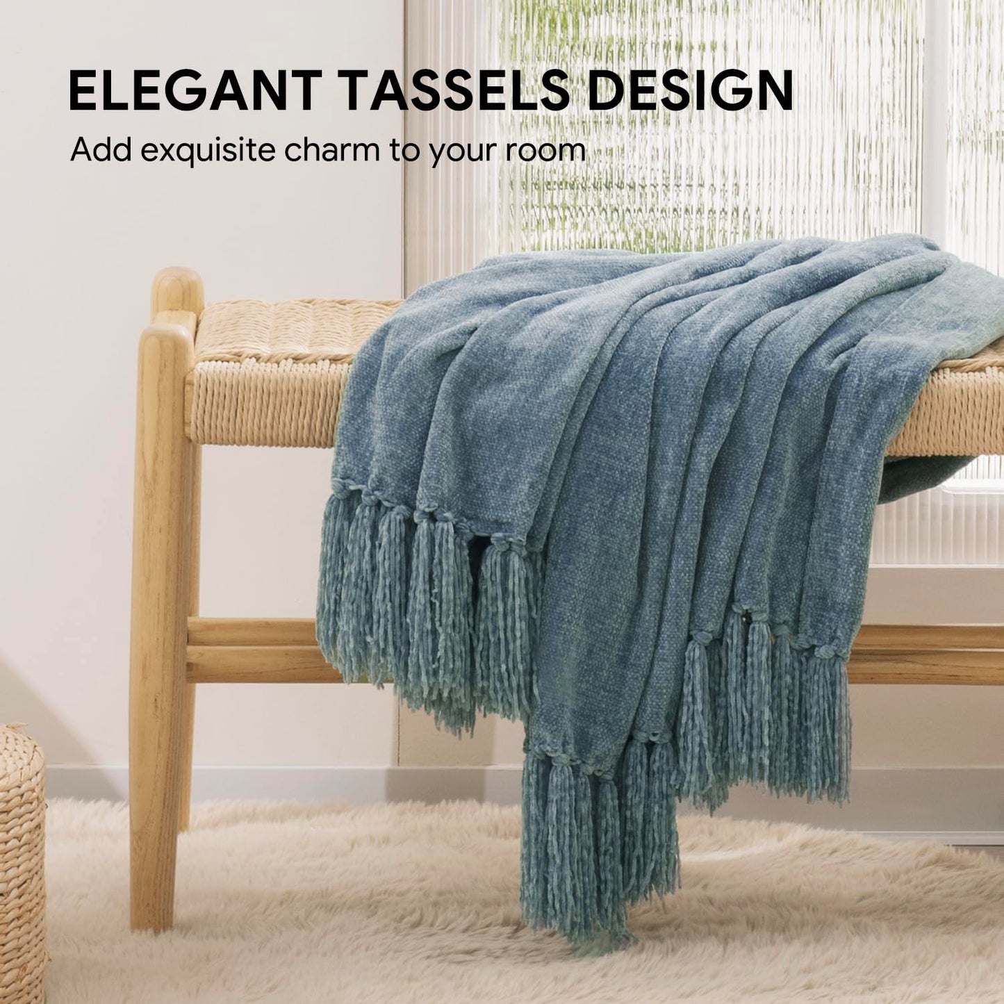 RECYCO Throw Blanket Soft Cozy Chenille Throw Blanket with Fringe Tassel for Couch Sofa Chair Bed Living Room Gift (Dusty Blue, 50'' x 60'')