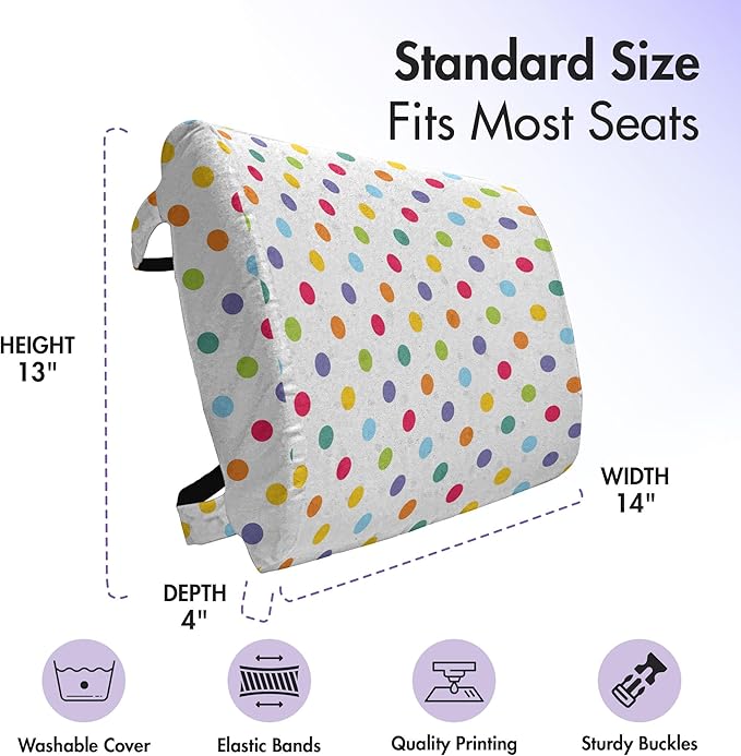 Ambesonne Abstract Lumbar Pillow, Colorful Polka Dots Round Circular Vintage Fashion Girls Feminine Design, Soft Back Cushion for Office Chairs with Adjustable Straps, 14" x 13", White Multicolor