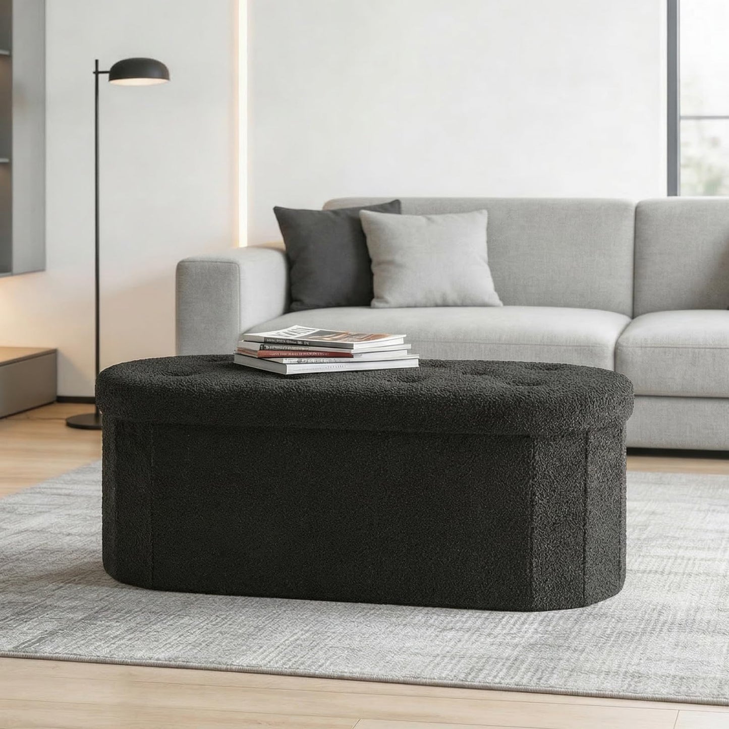 DUMOS Ottoman Bench End of Bed, 43 Inch Ottoman with Storage, Foot Rest Bench Stool with Cushion, Oval Round Folding Storage Chest for Bedroom, Living Room, Entryway, Dorm, Teddy Fabric, Black