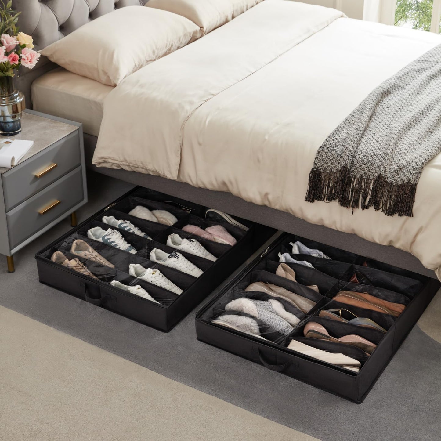 Lifewit Under Bed Shoe Storage Organizer 4 Pack(16 Shoes Cells), 4.3 Inches Profile Fabric Shoes Container Box with Clear Cover, Foldable Storage Bag with 2 Handles, Fits 32 to 64 Pairs