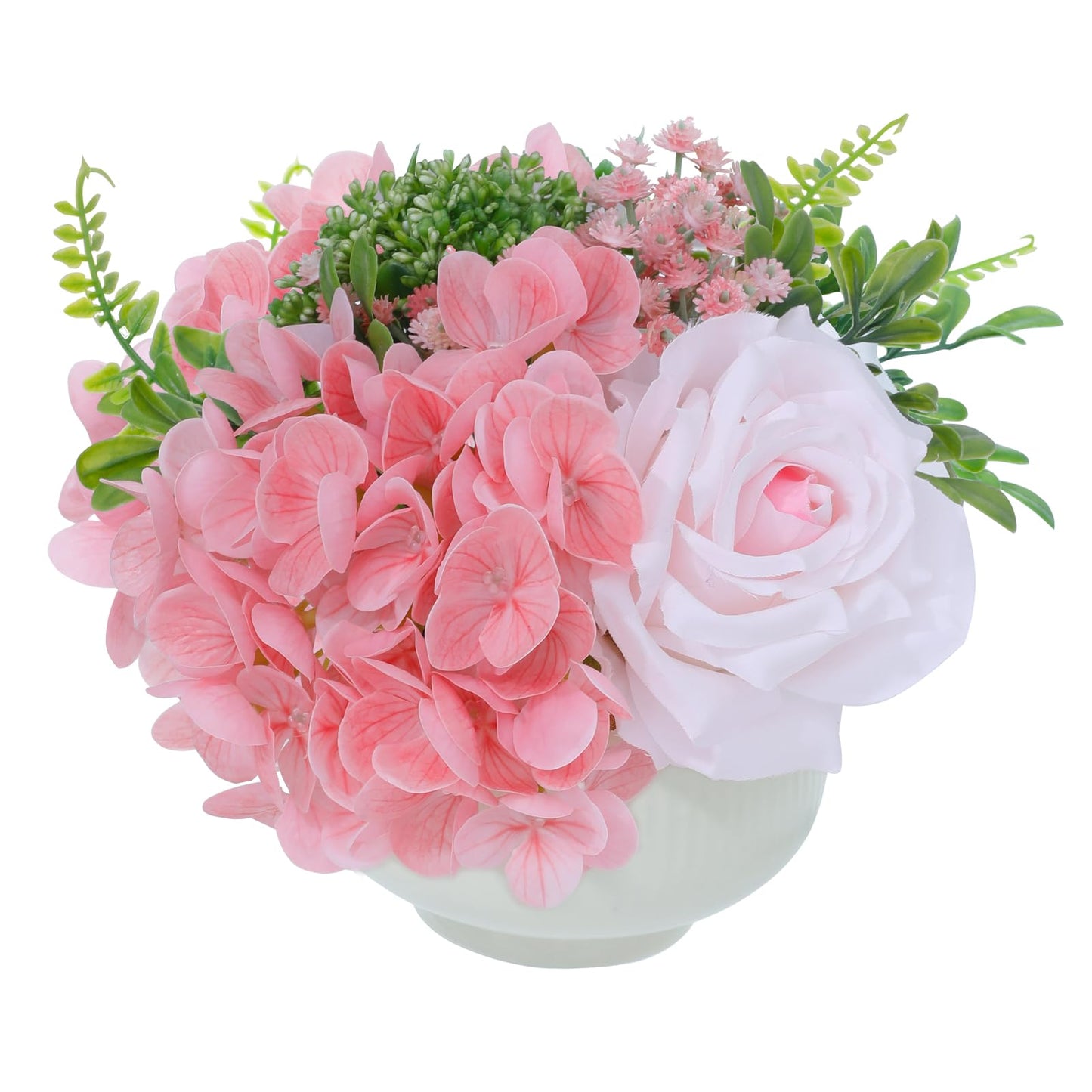 ucky Artificial Flowers with Ceramic Vase, Faux Pink Hydrangea and Light Pink Silk Roses Floral Arrangement, Small Potted Centerpiece for Dining Table, Farmhouse Kitchen Home Office Decor & Gift