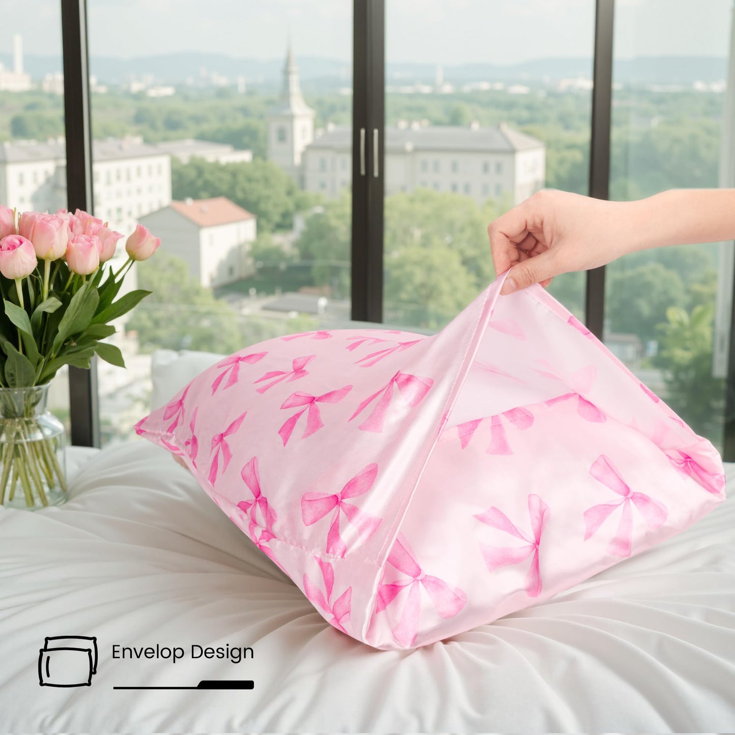 YZFDUI Pink Bow Satin Pillowcase for Hair & Skin Care, Standard Size Set of 2 - Luxurious Satin Pillow Cover with Envelope Closure(20x26 Inches)