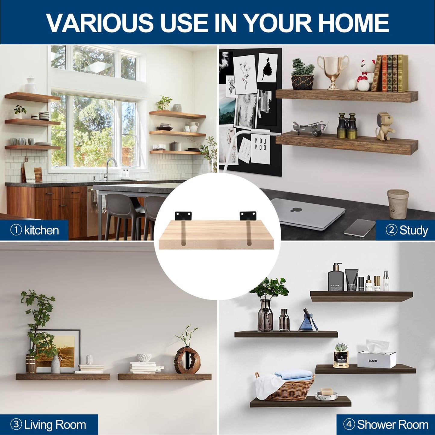 12 Pcs 8" Black Solid Steel Floating Shelf Bracket Blind Shelf Supports - Hidden Brackets for Floating Wood Shelves - Concealed Blind Shelf Support – Screws and Wall Plugs Included