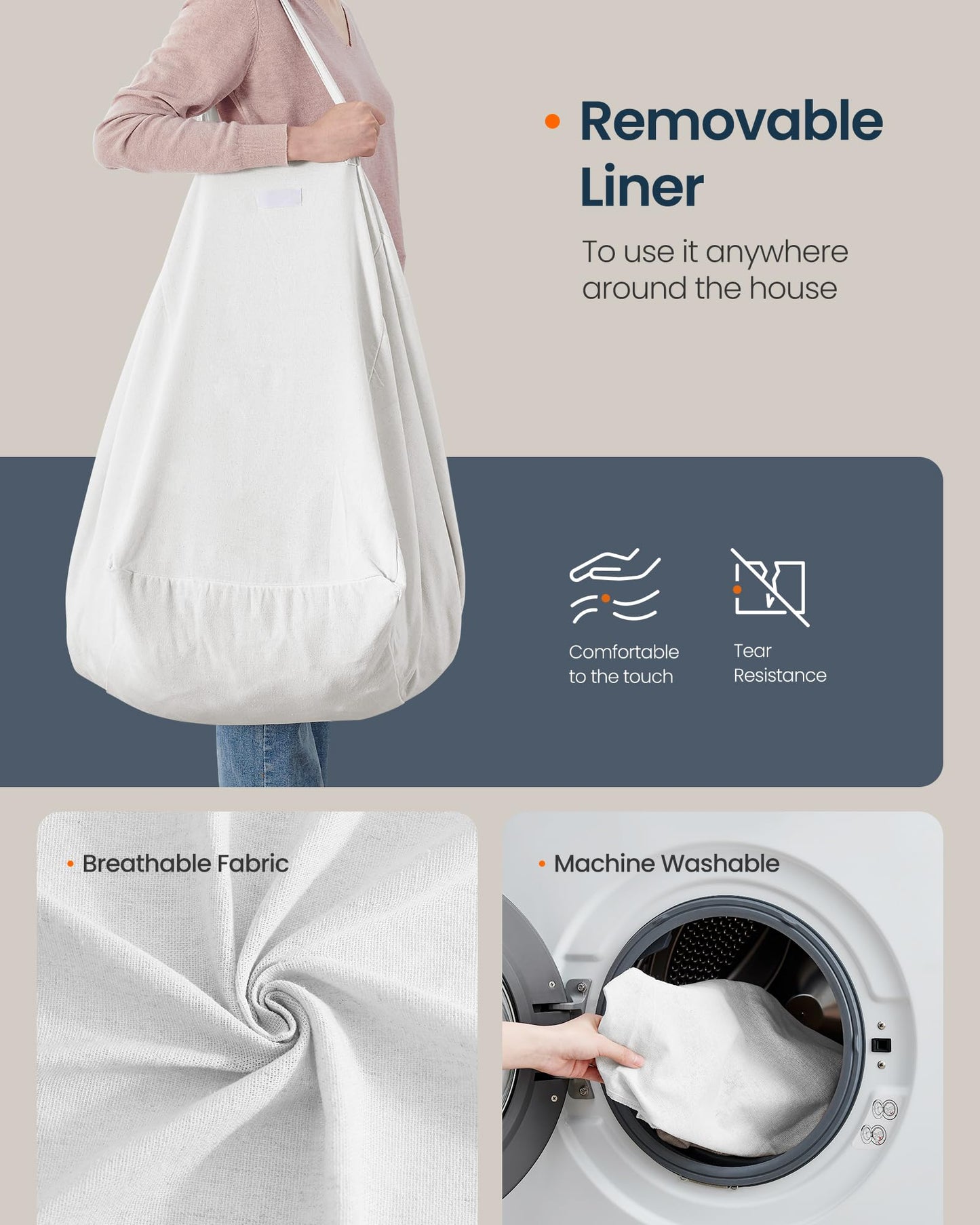 SONGMICS HOME Laundry Basket, Foldable Laundry Hamper, Clothes Hamper, Removable Liner with Handles, for Bedroom, Bathroom, 34.3 Gal. (130 L), White