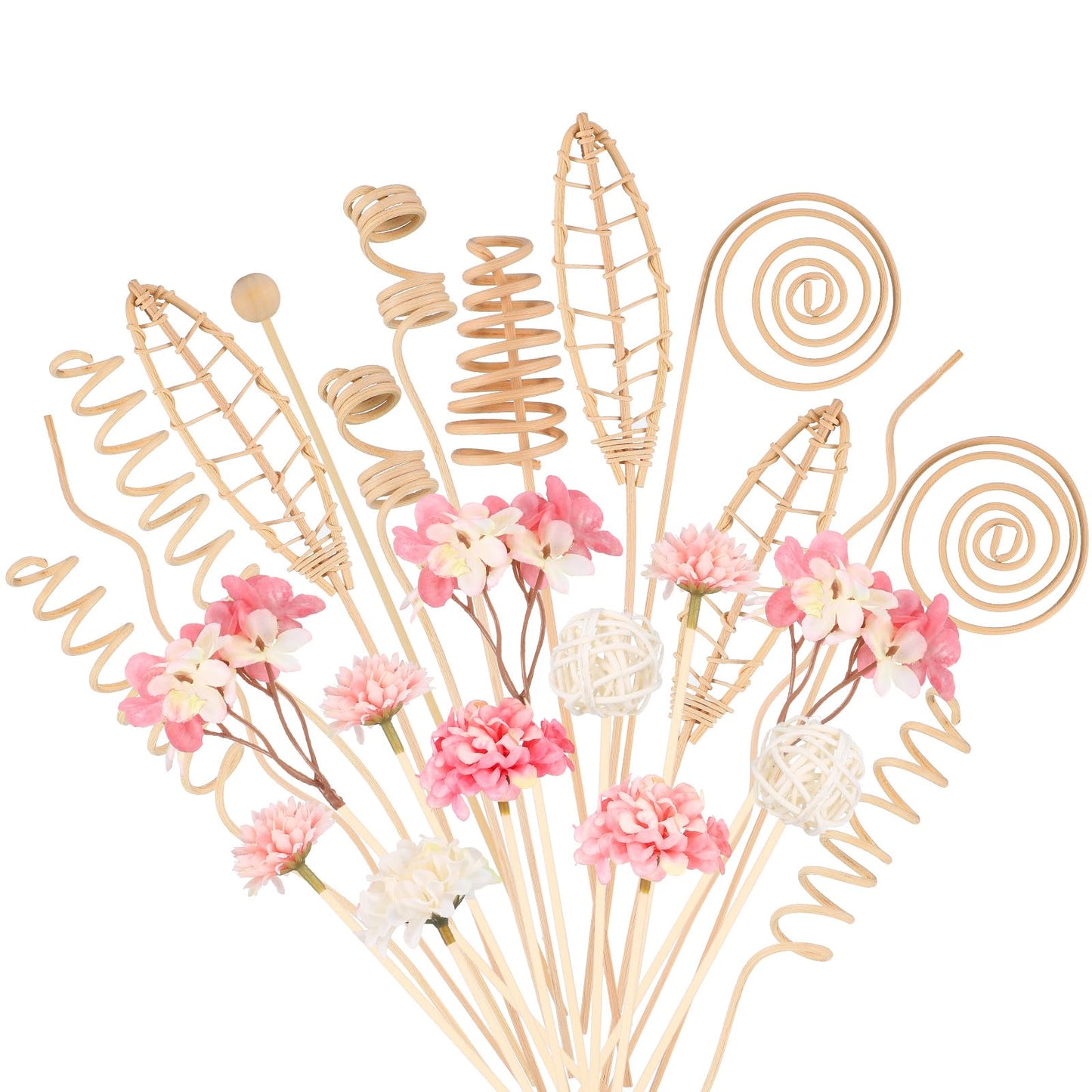 Queekay 32 Pcs Reed Diffuser Sticks Set Include 21pcs Natural Rattan Wood Beads, 11 Style Fragrance Diffuser, Rattan Reed Fragrance Replacement for Home(Pink Color)