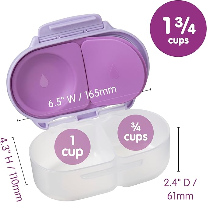 b.box Snack Box - Leakproof Mini Bento Box for Kids & Toddlers, 2 Compartment Snack Containers for Kids, Lunch Containers, Dishwasher Safe, BPA Free, PFAS Free, Ages 4m+, 1 3/4 Cup - Lilac Pop