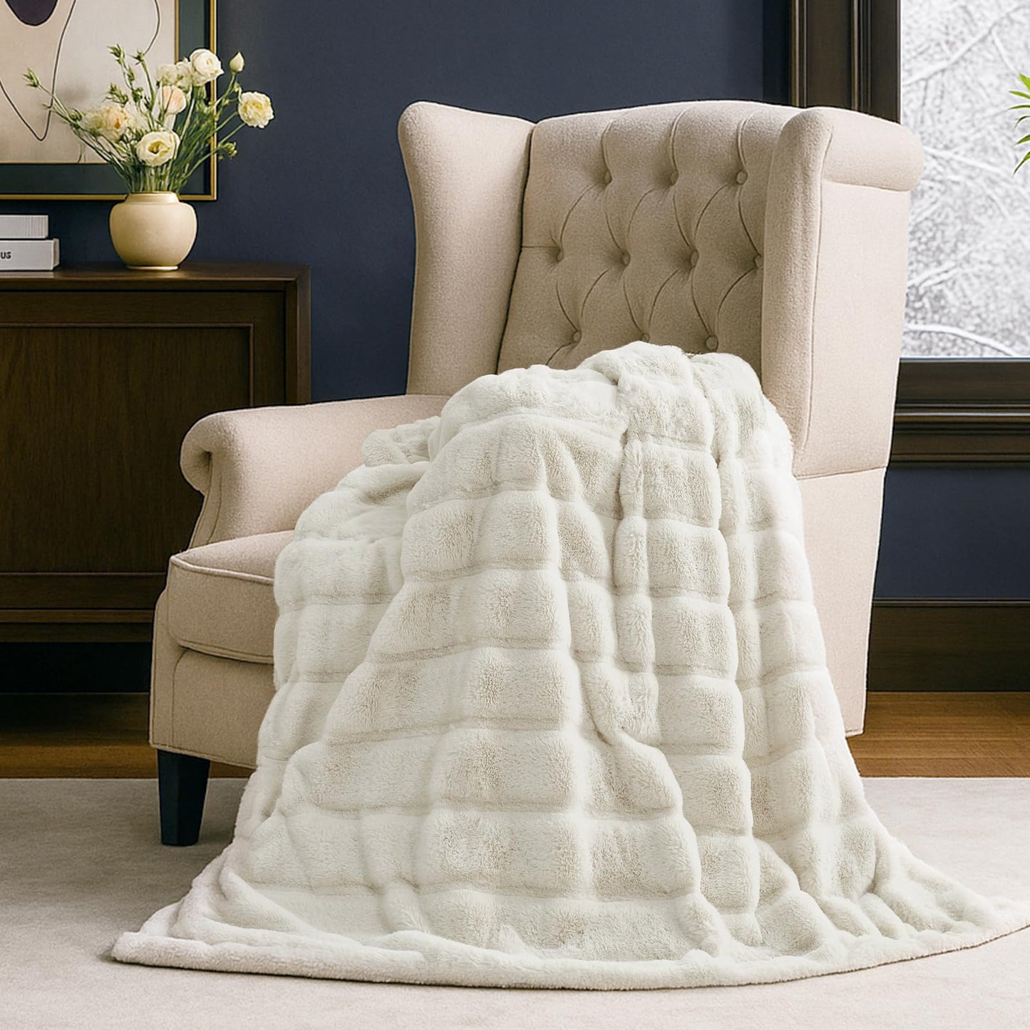 Cozy Bliss Deluxe Sheared Rabbit Faux Fur Throw Blanket, Soft Fuzzy High-Low Sculpted Plush Blanket for Couch, Cozy Home Accent, All Season Use, Beige 50"x60"