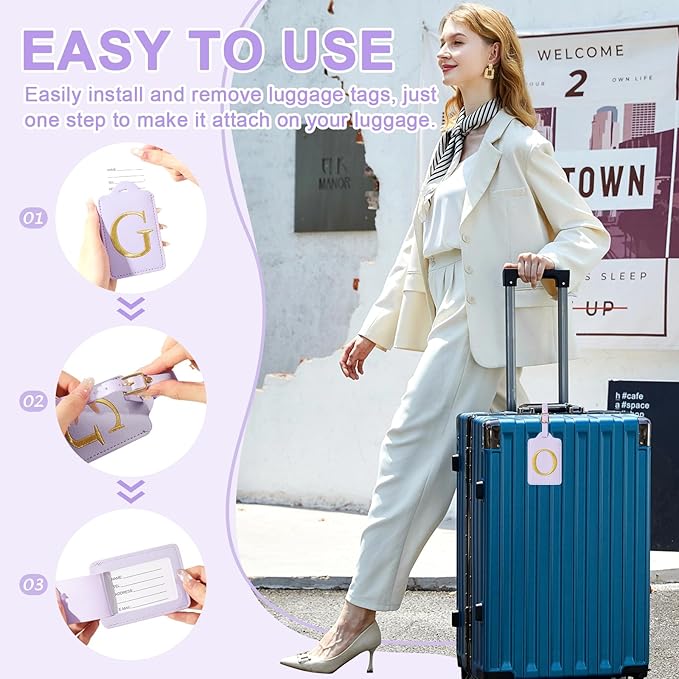 Personalized Initial Luggage Tags for Suitcase, Purple Leather Cute Luggage Tags with Privacy Cover Name Card, Embroidered Custom Monogrammed Luggage Tag Travel Backpack Tags Gifts for Women Kids(O)