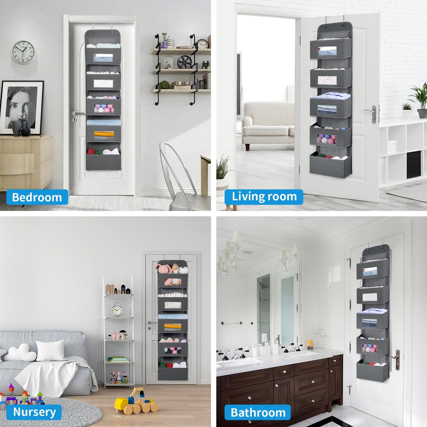 MAX Houser 5-Shelf Over The Door Hanging Organizer with 2 Metal Hooks, 5 Pocket Over The Door Wall Mount Storage with Clear Windows for Bathroom Closet,Bedroom,Dorm,(Gray)