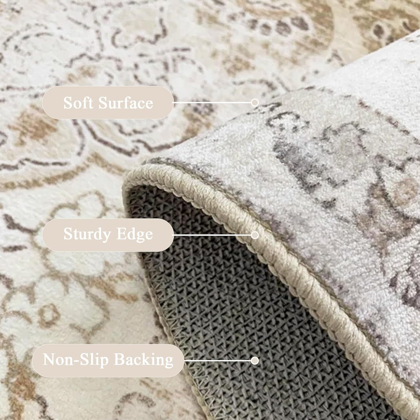 Farmhouse Washable Rug for Living Room: Boho 5x7 Area Rugs for Bedroom Soft Non Slip - Thin Stain Resistant Carpet for Dining Room Indoor - Cream Beige