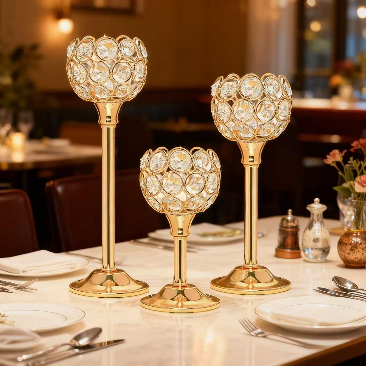 Candle Holder Candlestick Holders- 6Set Gold Crystal Pillar Candle Holders,Metal Candlestick Stands for Wedding Centerpieces,Table Decor for Church,Valentine's Day Housewarming Gift,18Pcs