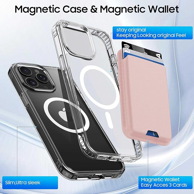 Ntwinro Magnetic for iPhone 15 Pro Clear Case (Compatible with MagSafe) with Pink Detachable Wallet & Card Holder for 3 Cards [RFID Blocking] Military Grade Protective Slim Phone Cover