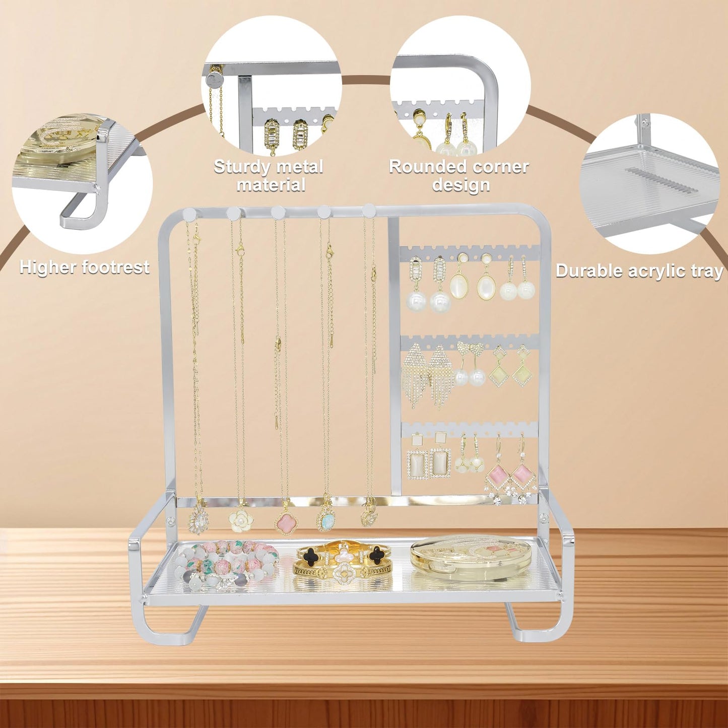 KOOAAICCHI Jewelry Organizer Stand Metal Jewelry Rack with Acrylic Tray Necklace Storage Holder Fashionable Display Stand for Rings, Earrings & Bracelets (Silver)