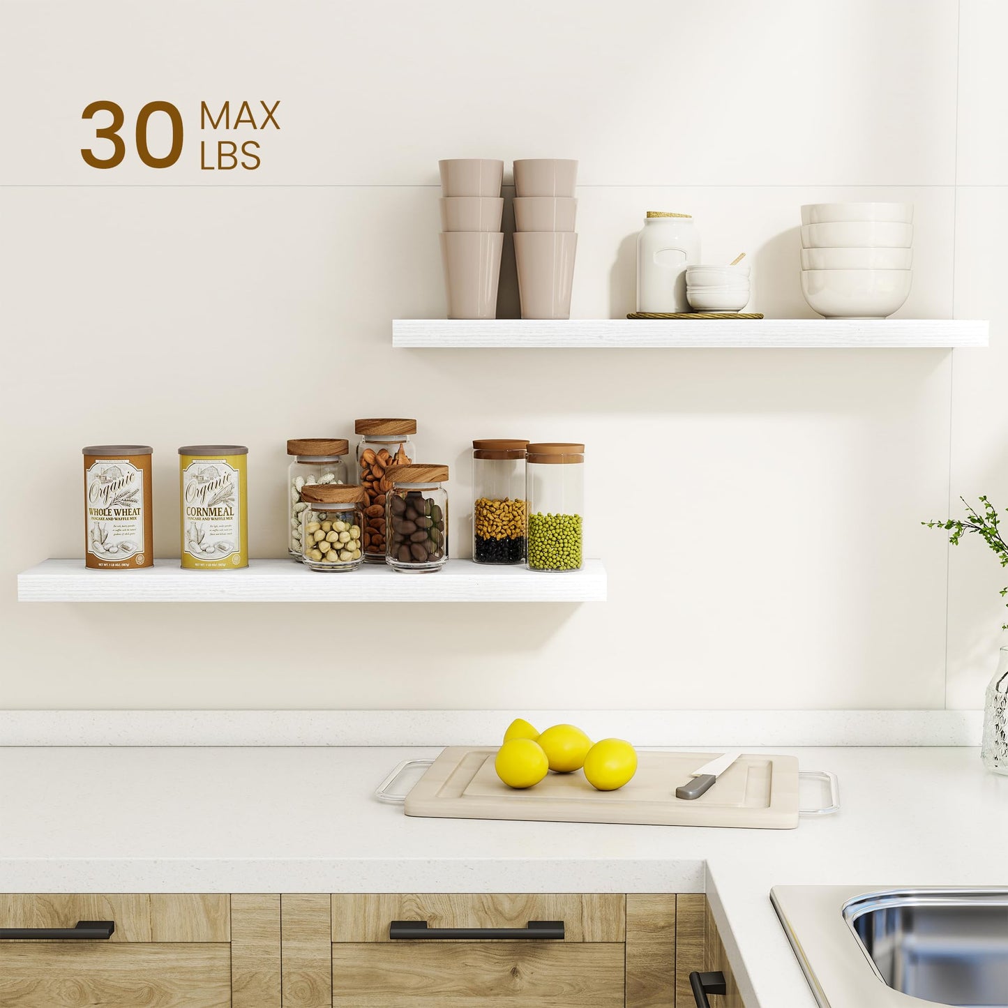 Dreamland 30Inch Floating Shelves for Wall, Rustic Wooden White Floating Shelves for Bathroom|Bedroom|Kitchen, Deep Wall Mounted Book Shelf, Wood Storage Display Shelf for Home Decor, Set of 2