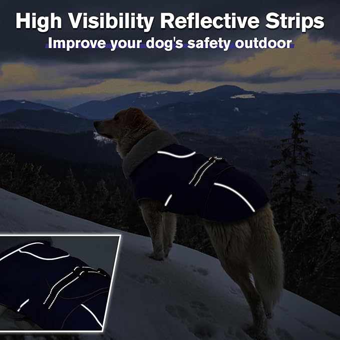 Lelepet Warm Dog Winter Coat Waterproof Dog Jacket with Adjustable Buckle & Leash Hole Reflective Pet Fleece Snowsuit Turtleneck Windproof Cold Weather Coats, Blue, XXL