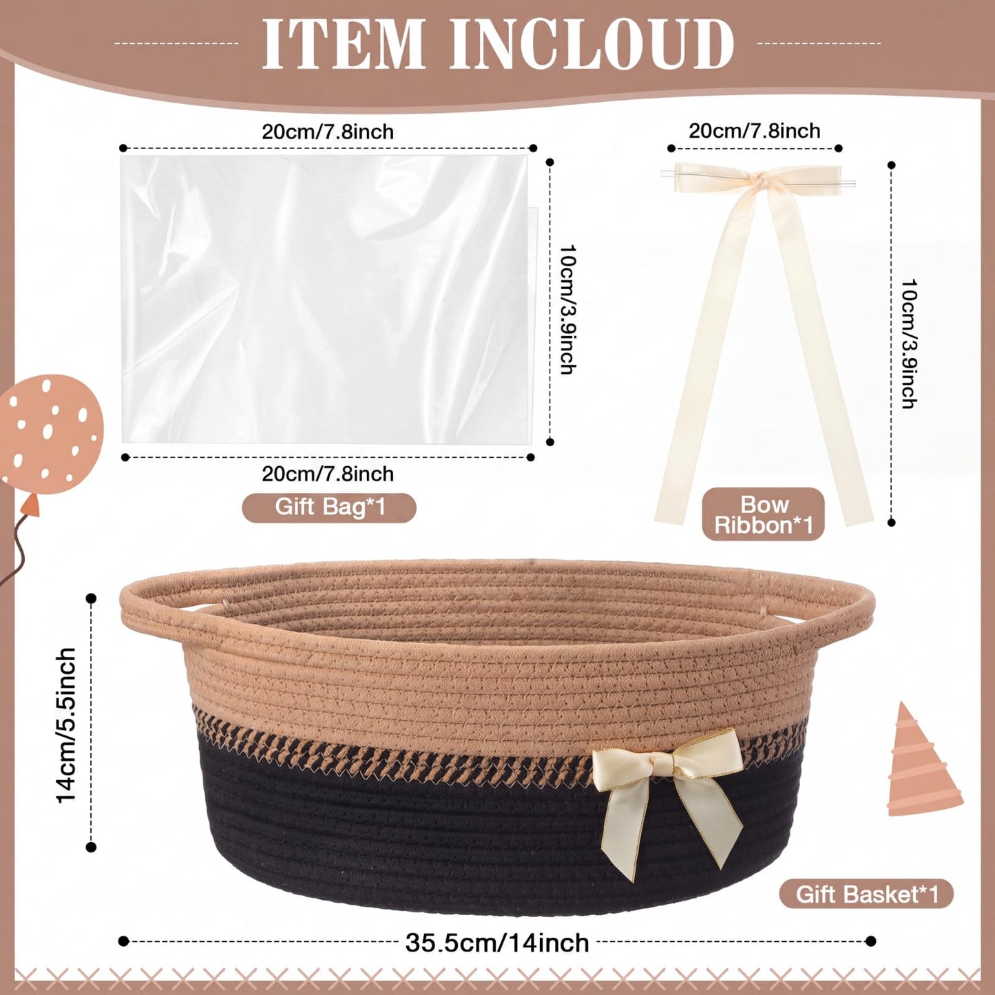 Colingmill 1 Set Woven Basket for Gift Empty with Cellophane Wrap Set 14 x 10 x 5.5 Inch, Medium Decorative Gift Basket Empty to Fill, Cotton Rope Storage Box Decor (Black Brown)