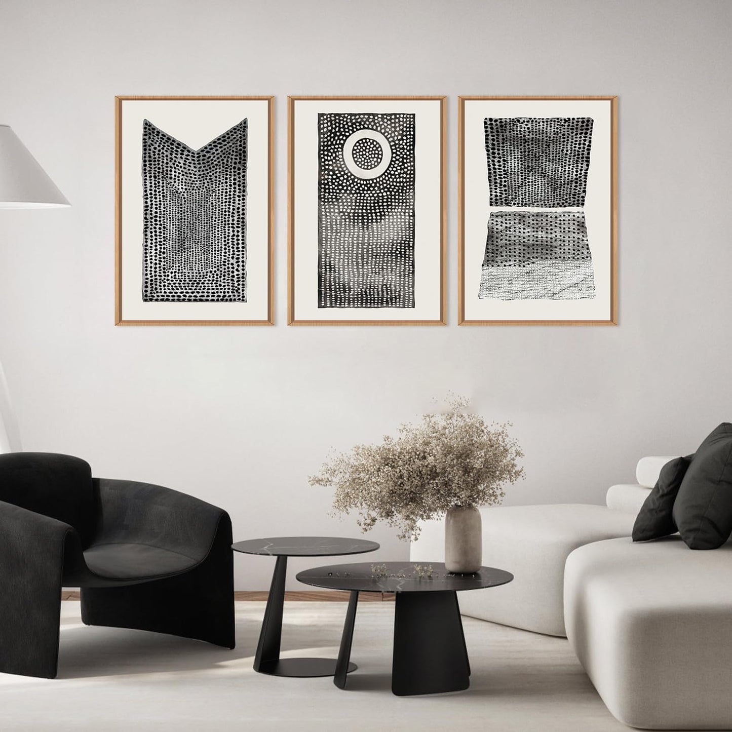 DRACIT Large Abstract Dot Black Pattern Framed Canvas Wall Art Set,Modern Neutral White Circle Wall Decor,Minimalist Black White Geometric Artwork for Living Room,Bedroom,Office-16 x24 x3