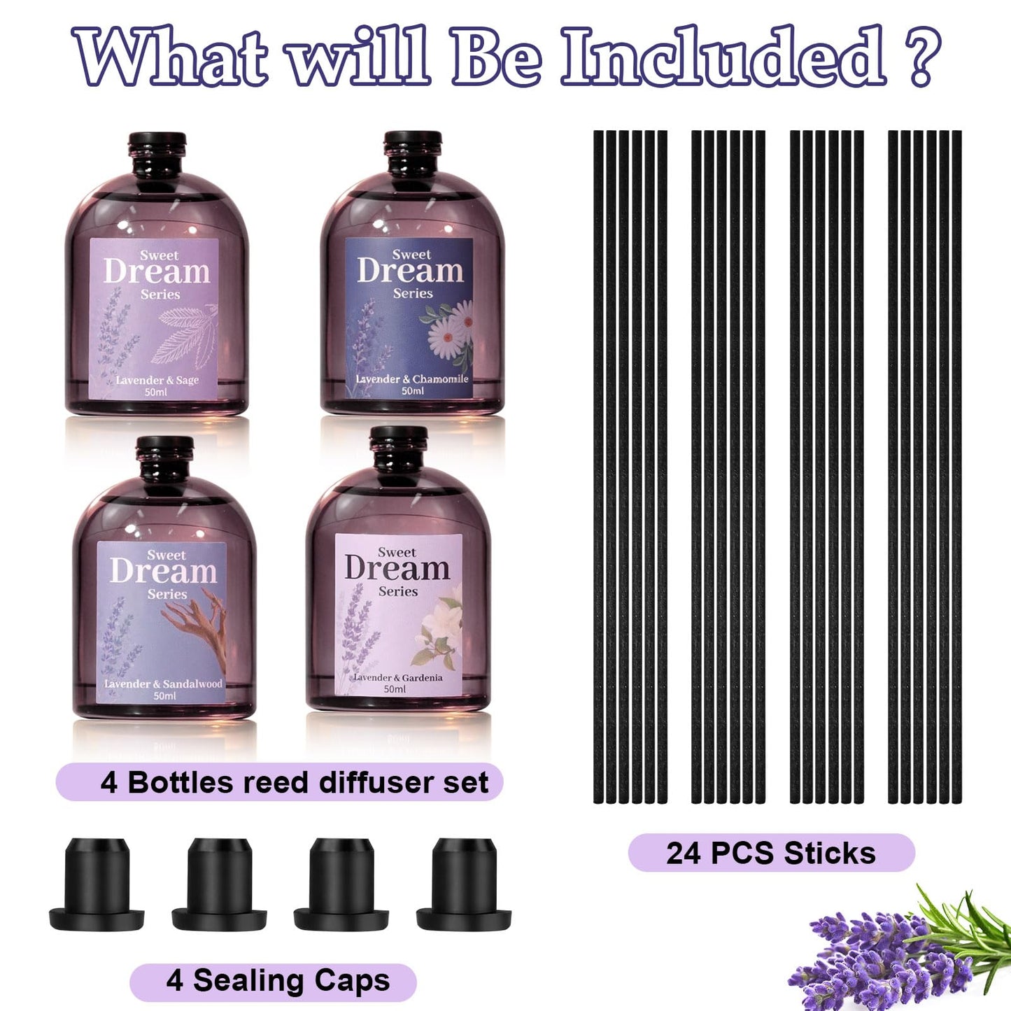 STRN Reed Diffuser Sets, Lavender Scented Oil Diffuser, Fragrance Reed Diffuser with 24 Sticks, 6.8 Fl.oz (200ml), 4 Scents Long-Lasting Air Freshener for Bedroom Bathroom Home Décor（50ml*4）