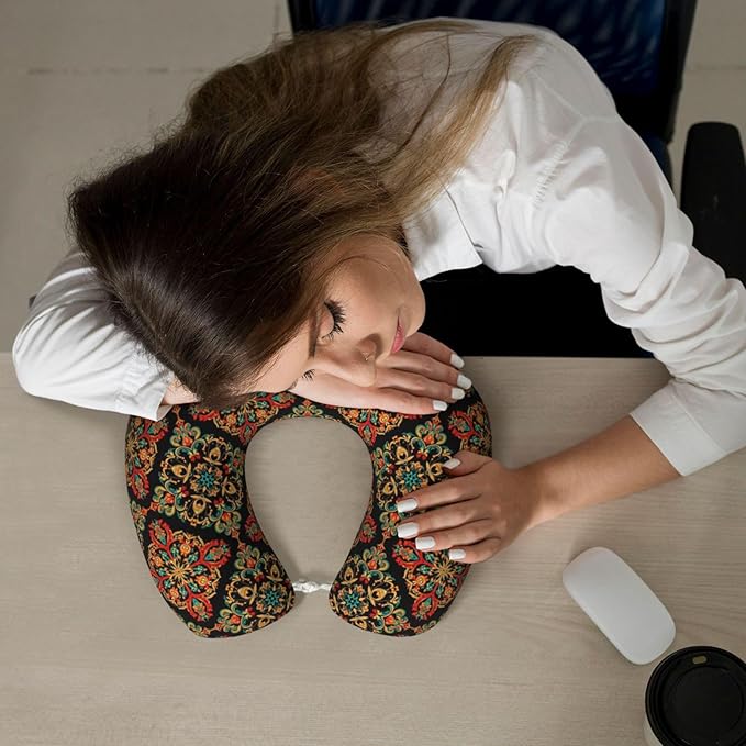 Support Neck Pillow for Youth Travel, Washable Airplane Chin Supporting and Relax U Shaped Pillows Paisley Bandana Print Cool Red Black
