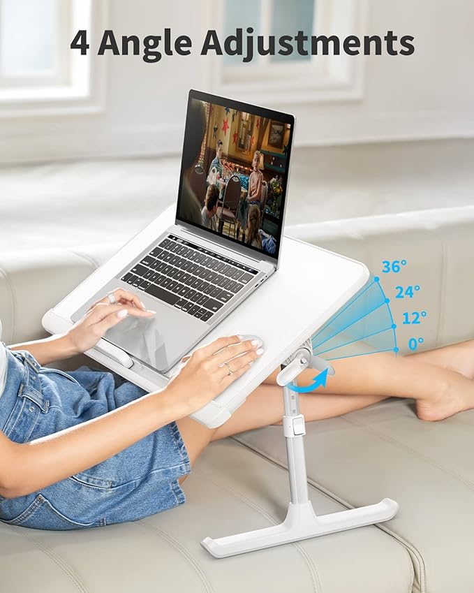 SAIJI Laptop Bed Tray Table, Adjustable PVC Leather Laptop Bed Table, Portable Standing Desk with Storage Drawer, Foldable Lap Tablet Table for Sofa Couch Floor (Large,White)