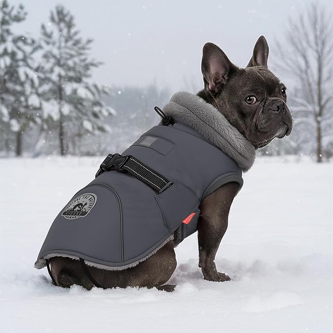 KYEESE Waterproof Dog Coat, Windproof Winter Jacket with Thick Fleece Lining, Extra Warm Turtleneck Dog Coats for Medium Dogs with Leash Hole and Reflective Design, Gray, X-Large