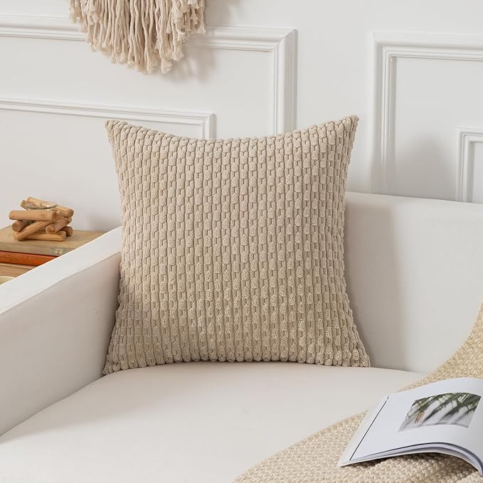 Kevin Textile Throw Pillow Covers Soft Corduroy Decorative Set of 2 Boho Striped Pillow Covers Pillowcases Farmhouse Home Decor for Couch Bed Sofa Living Room 26x26 Inch Beige