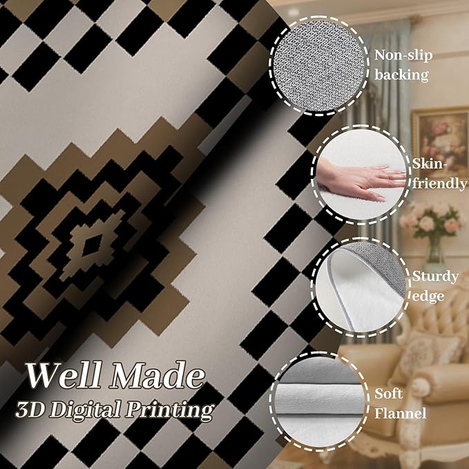 Retro Moroccan Farmhouse Decor Rug Runners for Hallways, 2x7ft, Black Linen Checkered Entryway Carpet, Rubber Backed Low Pile Easy Clean Carpets, Durable Reduce Noise Rugs for Floor