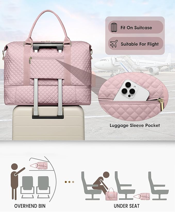 Weekender Duffle Bags for Women - Travel Duffel with Shoe Compartment, Carry On Overnight Bag, Gym Tote with Wet Pocket, Pink