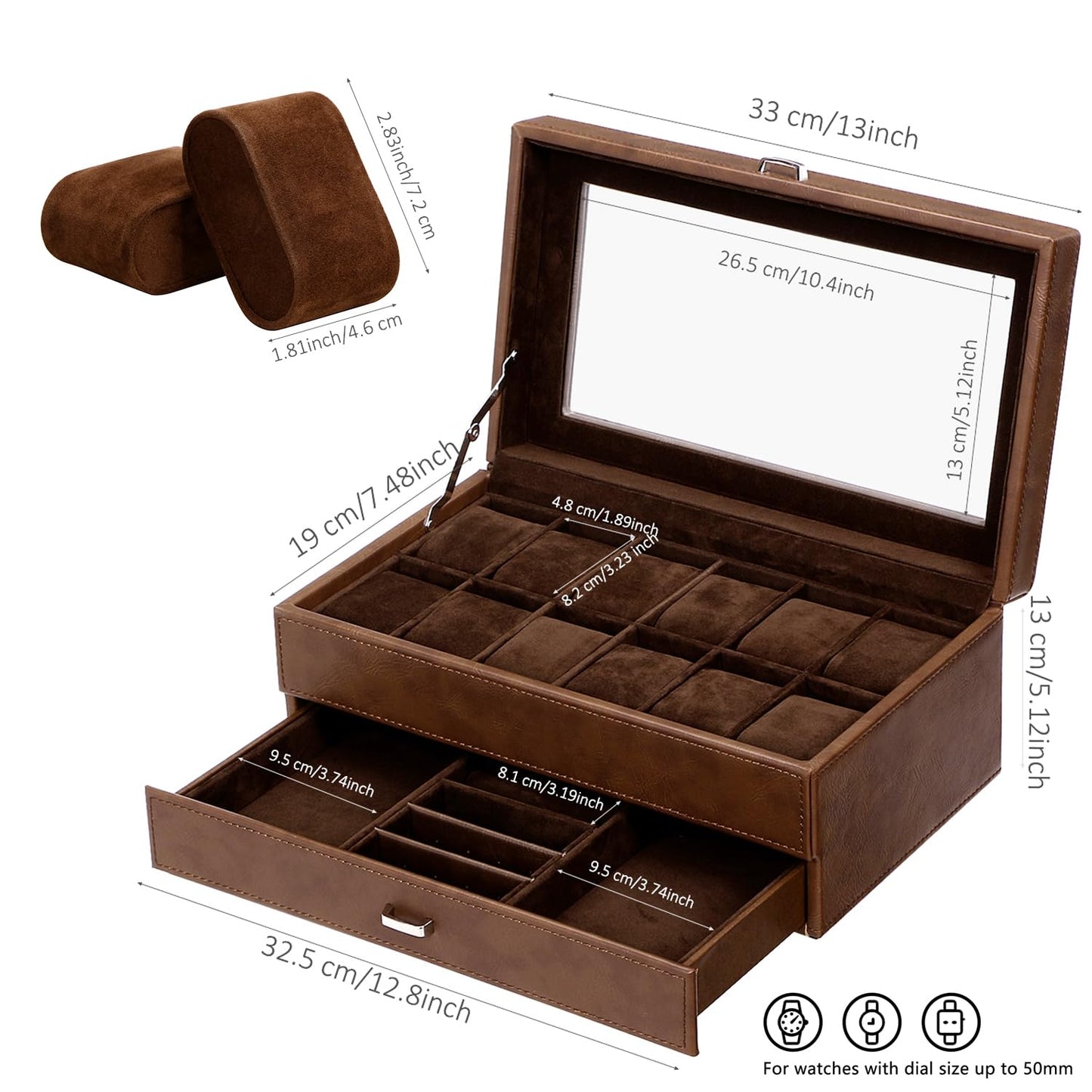 BEWISHOME Watch Box 12-Slot, Watch Case with Large Glass Lid
