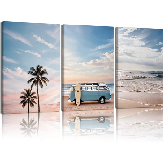 HCJWCXD 3-Piece Beach Canvas Wall Art Boho Framed Ocean Wave Ocean Poster Vintage Blue Van Palm Van Print Painting Mid-Century Modern Coastal Wall Decor 12x16 Inch for Living Room Bedroom Office