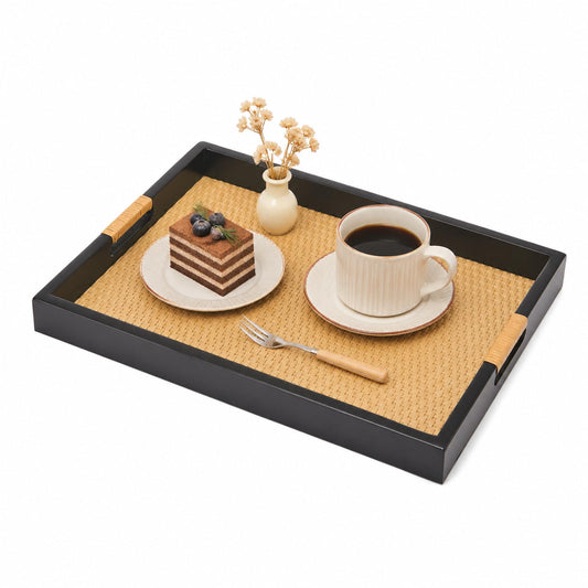 HuiDao Decorative Tray, Serving Tray with Handles, Solid Wood and Faux Rattan Woven Serving Tray, Rustic Rectangle Ottoman Tray for Coffee Table, Ottoman, Dining Serving & Home Decoration