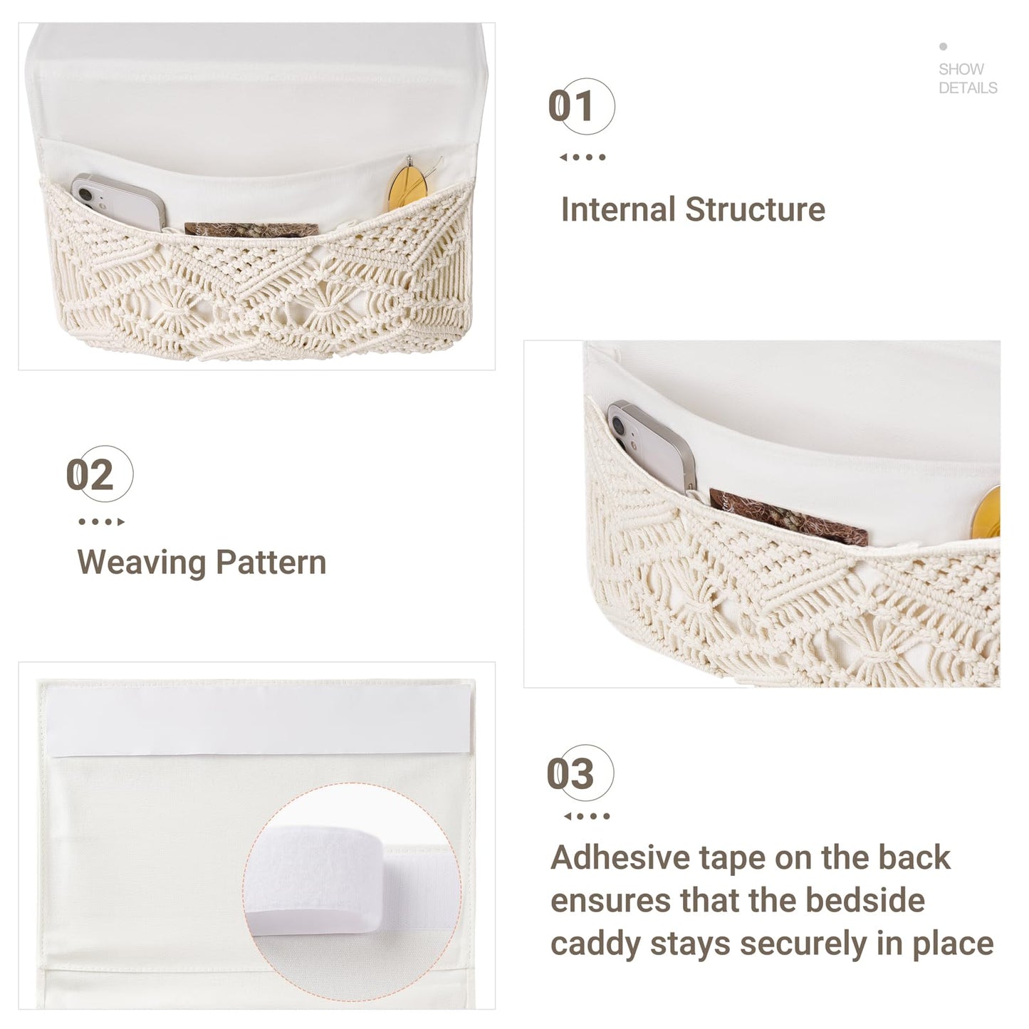 Mkono Macrame Bedside Caddy Storage Organizer Boho Remote Control Tablet Magazine Holder with 4 Pockets Non-slip Countertop Bedside Caddy for Home Bedroom Living Room College Dorm Bed, Ivory