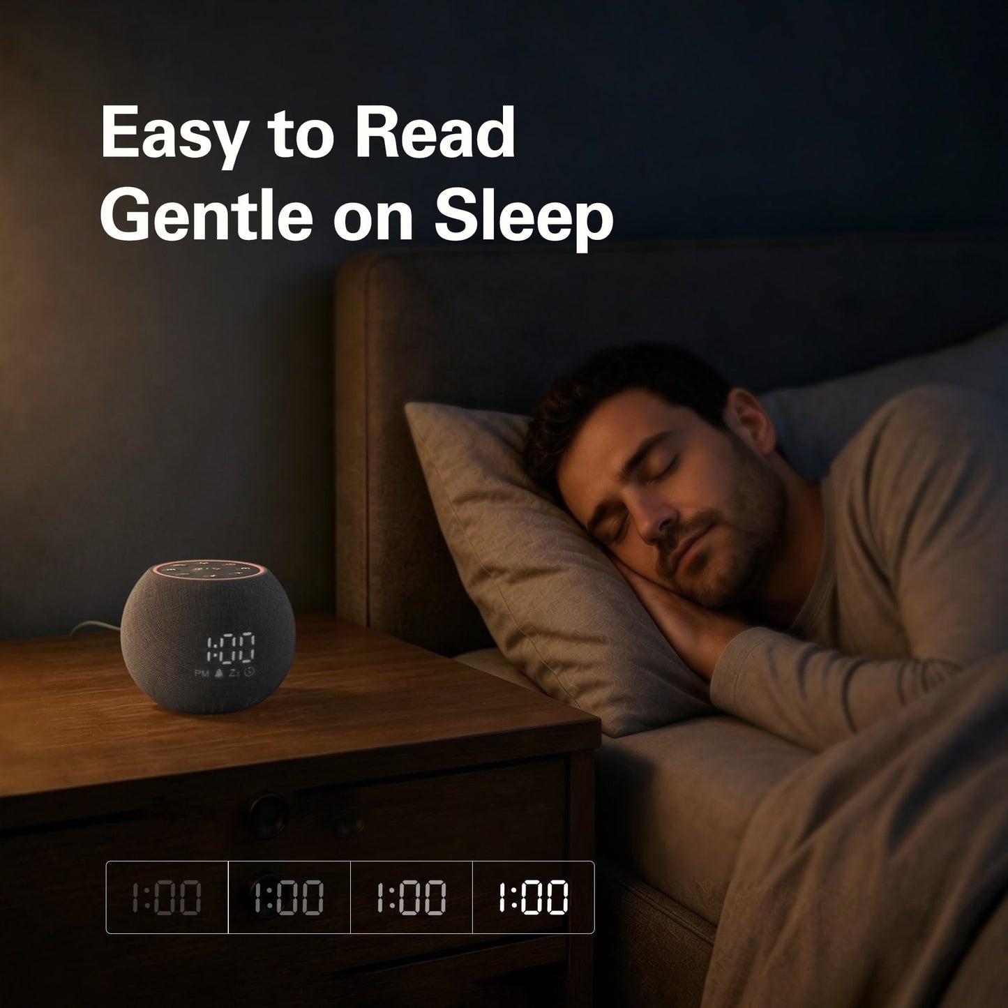 Zarler Sound Machine Alarm Clock for Bedroom, White Noise Machine Soothing Sounds for Sleep, Gentle Alarms for Wake Up, Dimmable Clock Display, Ambient Night Light, Plug in Bedside for Sleeping Adults