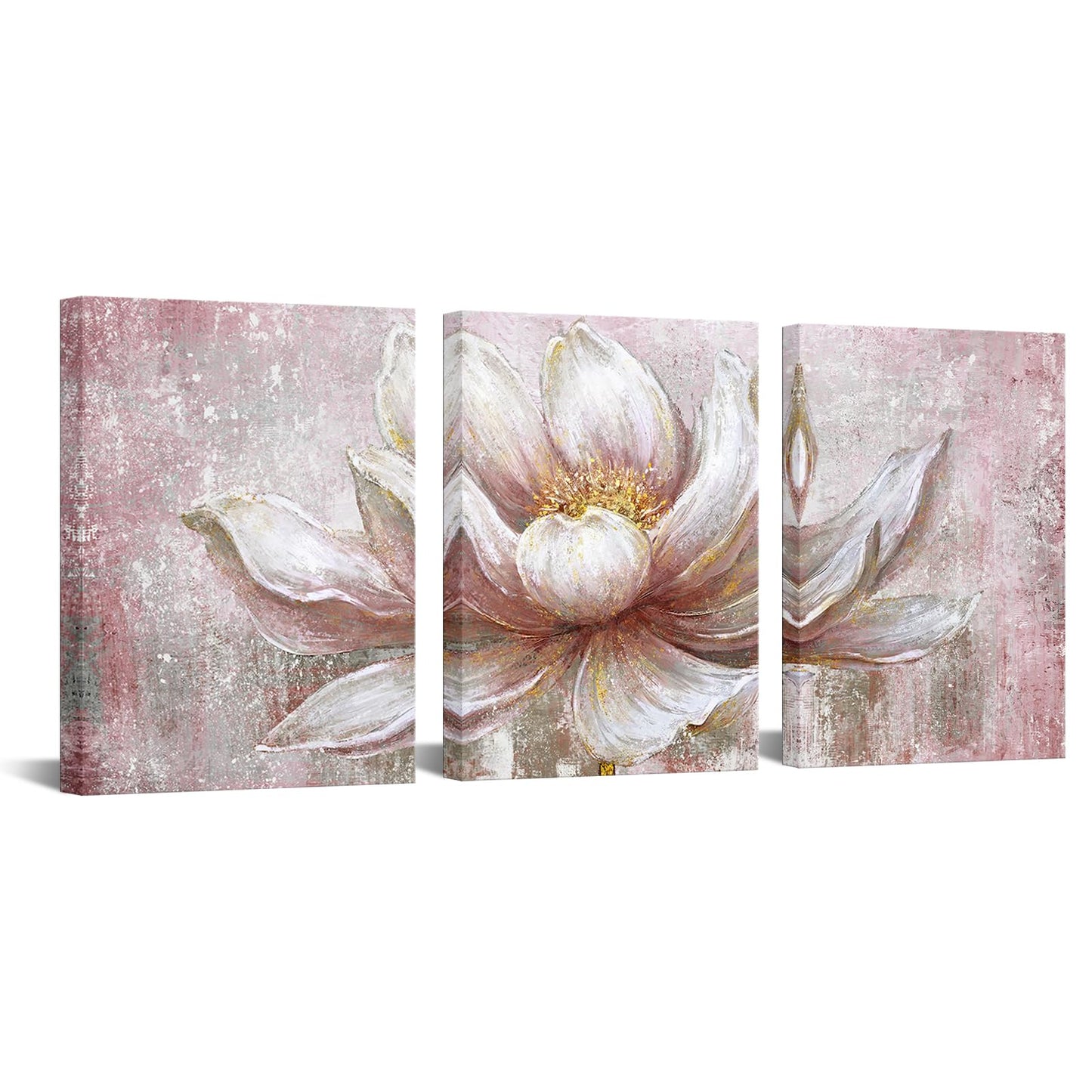 iKNOW FOTO Pink Gold Lotus Canvas Set of 3 Wall Art Framed Flowers Paintings Wall Pictures Abstract Artwork Painting for Bedroom Office Home Decor Ready to Hang 12x16 Each