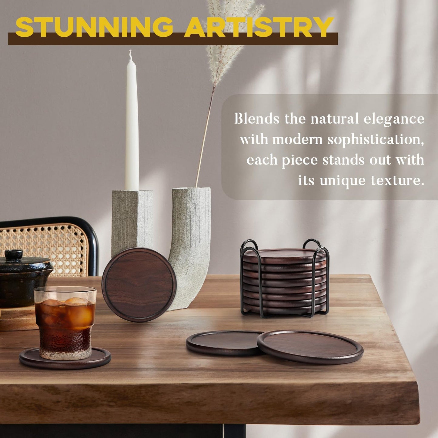 Wood Coasters with Metal Holder, GOH DODD Set of 8 Walnut Wooden Coaster Tabletop Protection for Drinks Coffee Table Home Kitchen Office Bar Living Room Decor Housewarming Gifts Wedding Party, 4 Inch