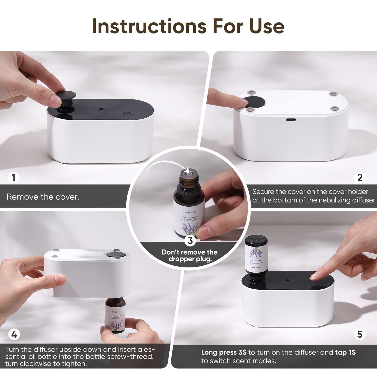 Lecdura Waterless Diffuser for Essential Oil, Battery Operated Scent Air Aromatherapy Diffuser, Mini Aroma Diffusers with 3 Intermittent Mist Modes, Cycle Start for 400-700 sq.ft Home Office Bedroom.