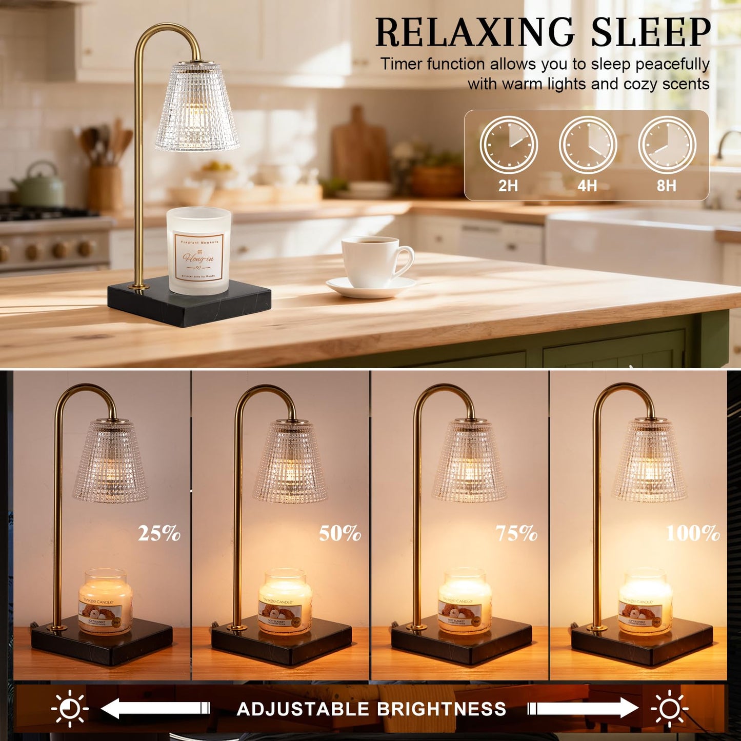 Hong-in Modern Gold Candle Warmer Lamp with Black Marble Base, Glass Shade Electric Candle Melter for Scented Candles, Stylish Home Kitchen Decor & Gift for Women