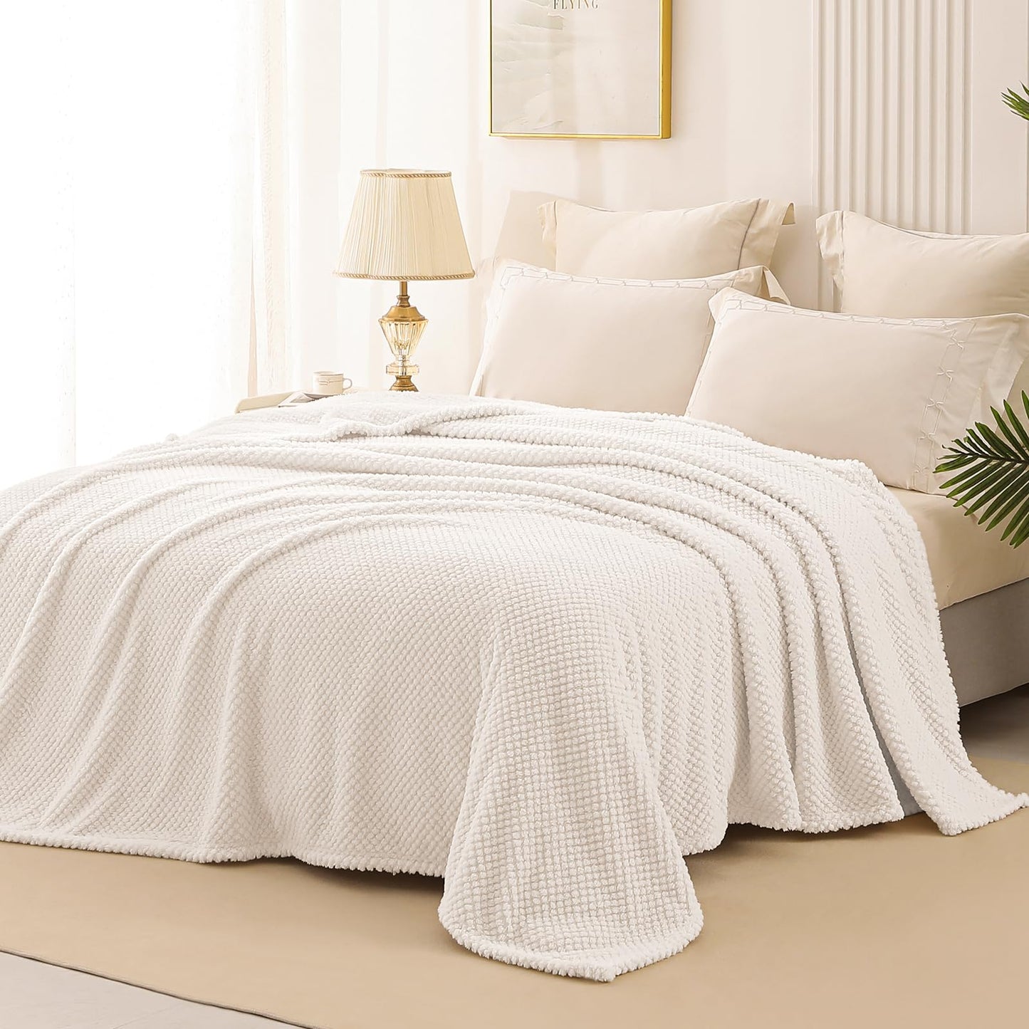 Whale Flotilla King Size Fuzzy Fleece Blanket for Bed, 90x104 Inch Fluffy Soft Jacquard Blankets for All Season, Lightweight and Cozy, Ivory