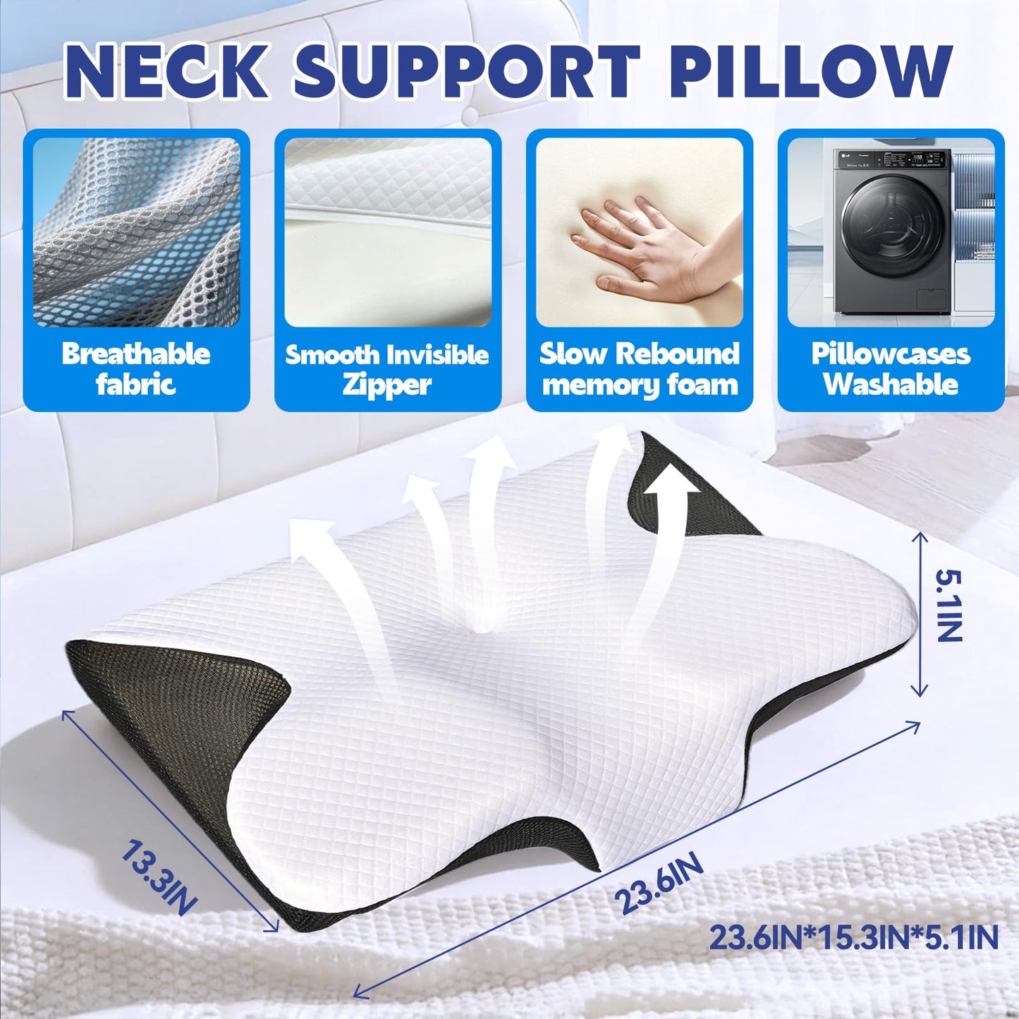 Keaolotay 2 in1 Memory Foam Cervical Pillow, Ergonomic Orthopedic Contoured Support Pillow for Neck Pain Relief, Bed Pillow for Side Back Stomach Sleepers Comes with 2 Pillowcases & 1 Eye Mask(Black)